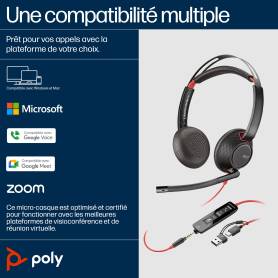 Micro-casque POLY Blackwire 5220 stéréo USB-C + connexion 3,5 mm + adaptateur USB-C/A (8X231AA)
